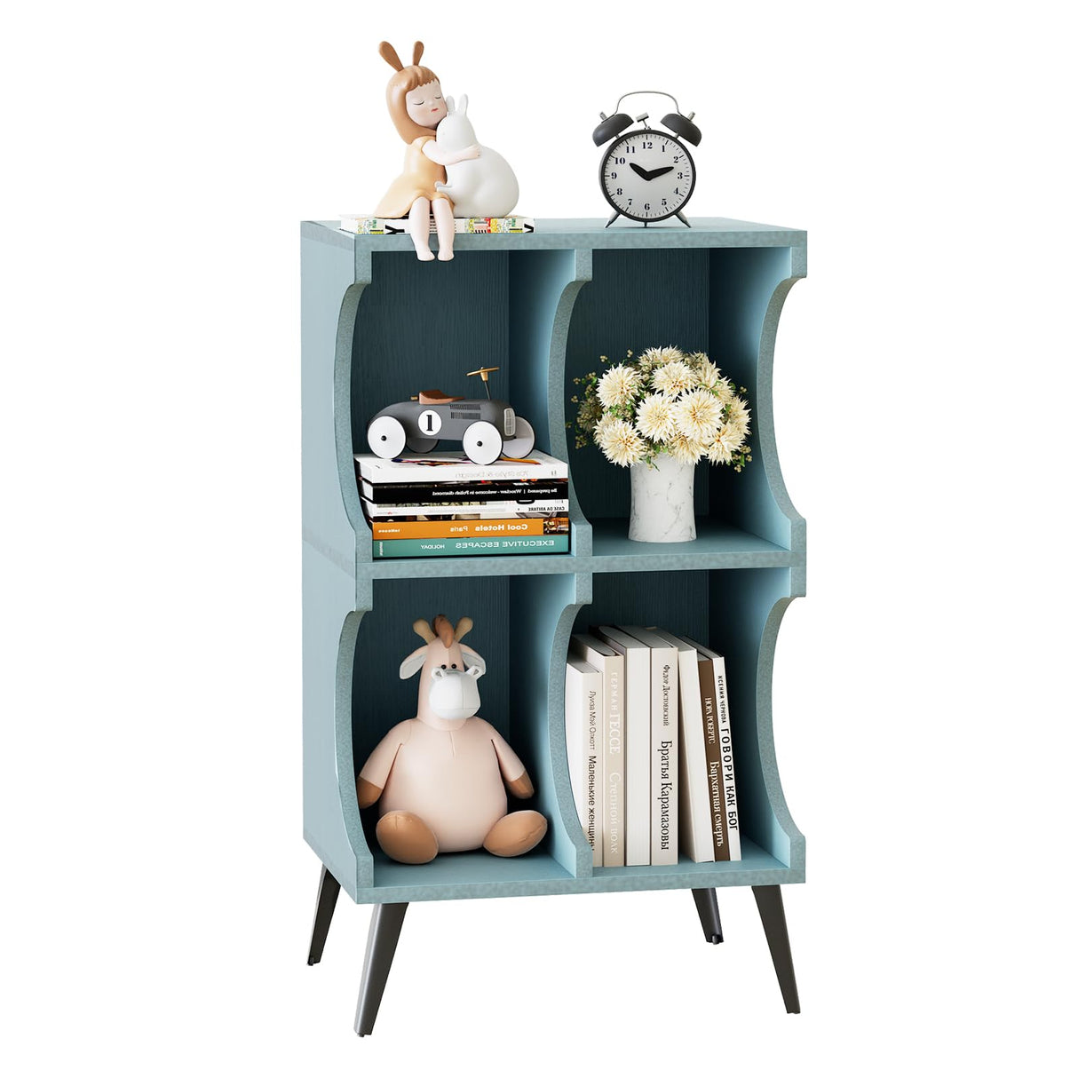 Aenuert Blue 4-Cube Modern Bookshelf - Stylish Open Storage Display Cabinet for Home and Office Aenuert