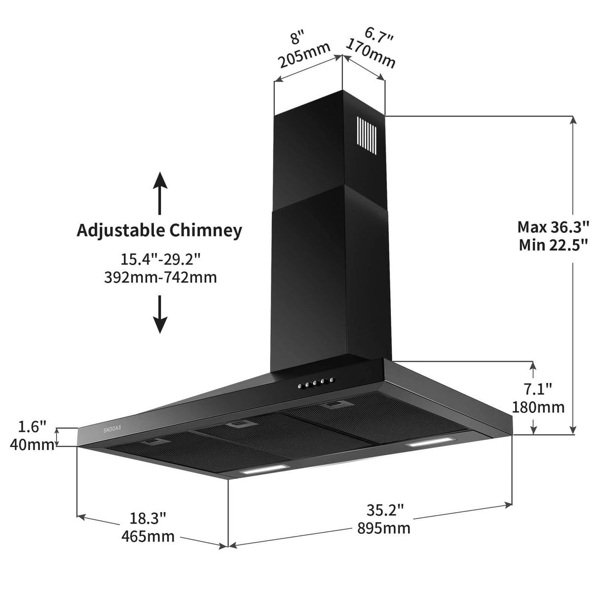 SNDOAS Black Range Hood 36 inches,Stainless Steel Wall Mount Range Hood Black,Kitchen Hood Vent with Ducted/Ductless Convertible,Hood Vents for Kitchen,Ductless Range Hood,Vent Hood 36 inch SNDOAS