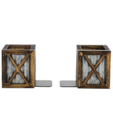 MyGift Rustic Burnt Wood Decorative Bookends with Corrugated Galvanized Metal Accent, Desktop Book Ends with Pen Holder Pencil Cup Stationery Storage Bins for Home Office, Classroom, Dorm Room, 1 Pair MyGift