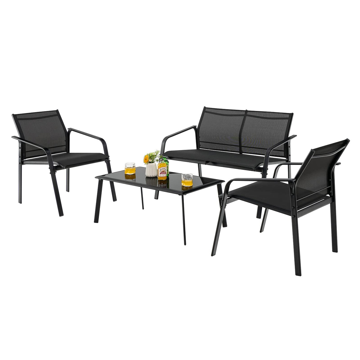 Tangkula 4 Pieces Patio Furniture Set, Outdoor Conversation Set with Tempered Glass Coffee Table, Outdoor Bistro Set with Fabric and Anti-Rust Steel Frame for Garden, Poolside and Backyard (Black) Tangkula