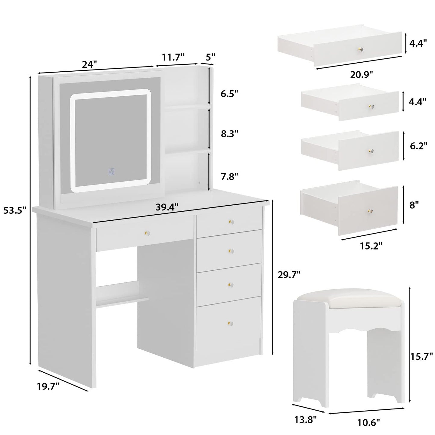 FUFU&GAGA Large Vanity Set Makeup Vanity Dressing Table with Sliding Lighted Mirror, 5 Drawers & Shelves, Dresser Desk and Cushioned Stool Set (White A)