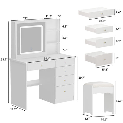 FUFU&GAGA Large Vanity Set Makeup Vanity Dressing Table with Sliding Lighted Mirror, 5 Drawers & Shelves, Dresser Desk and Cushioned Stool Set (White A)