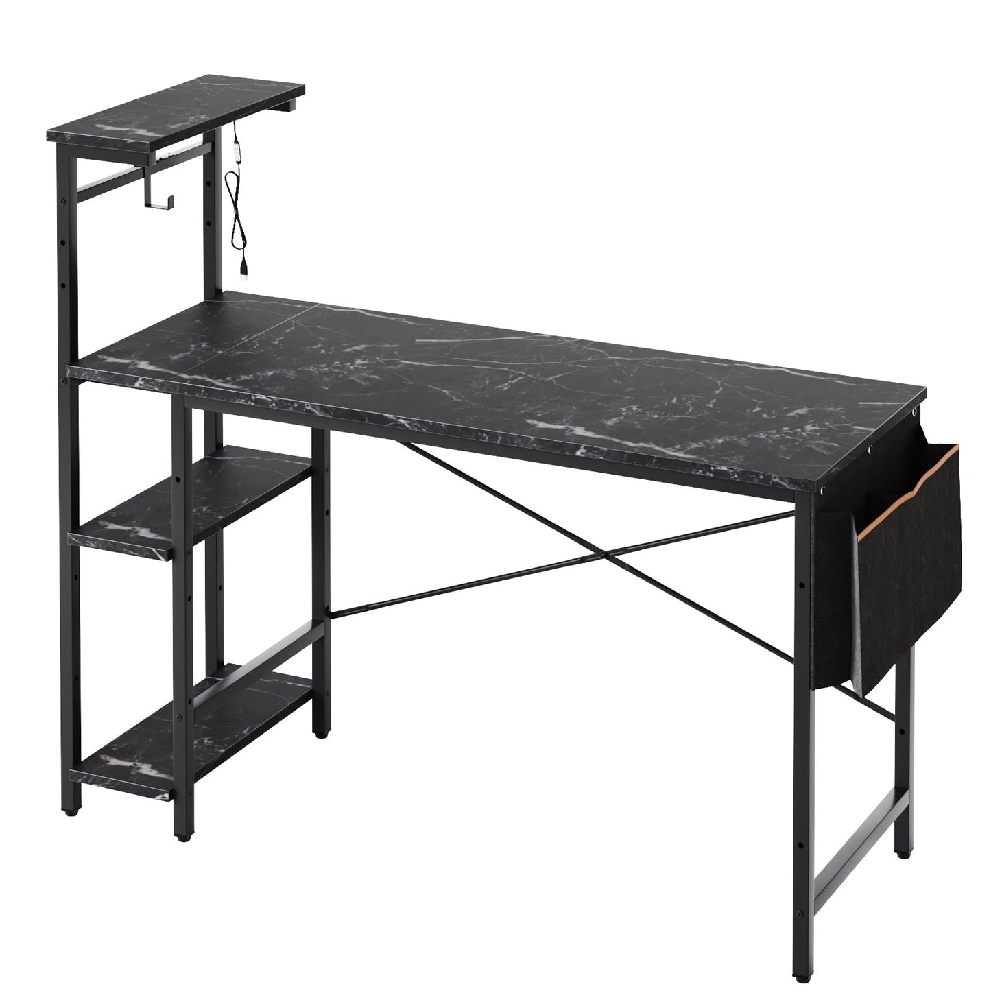 Bestier Gaming Desk with LED Lights, 51.3 Inch Computer Desk with 4 Tiers Reversible Shelves, Gamer Desk with Side Storage Bag, Hooks and Height Adjustable Shelf (Black Marble) - WoodArtSupply