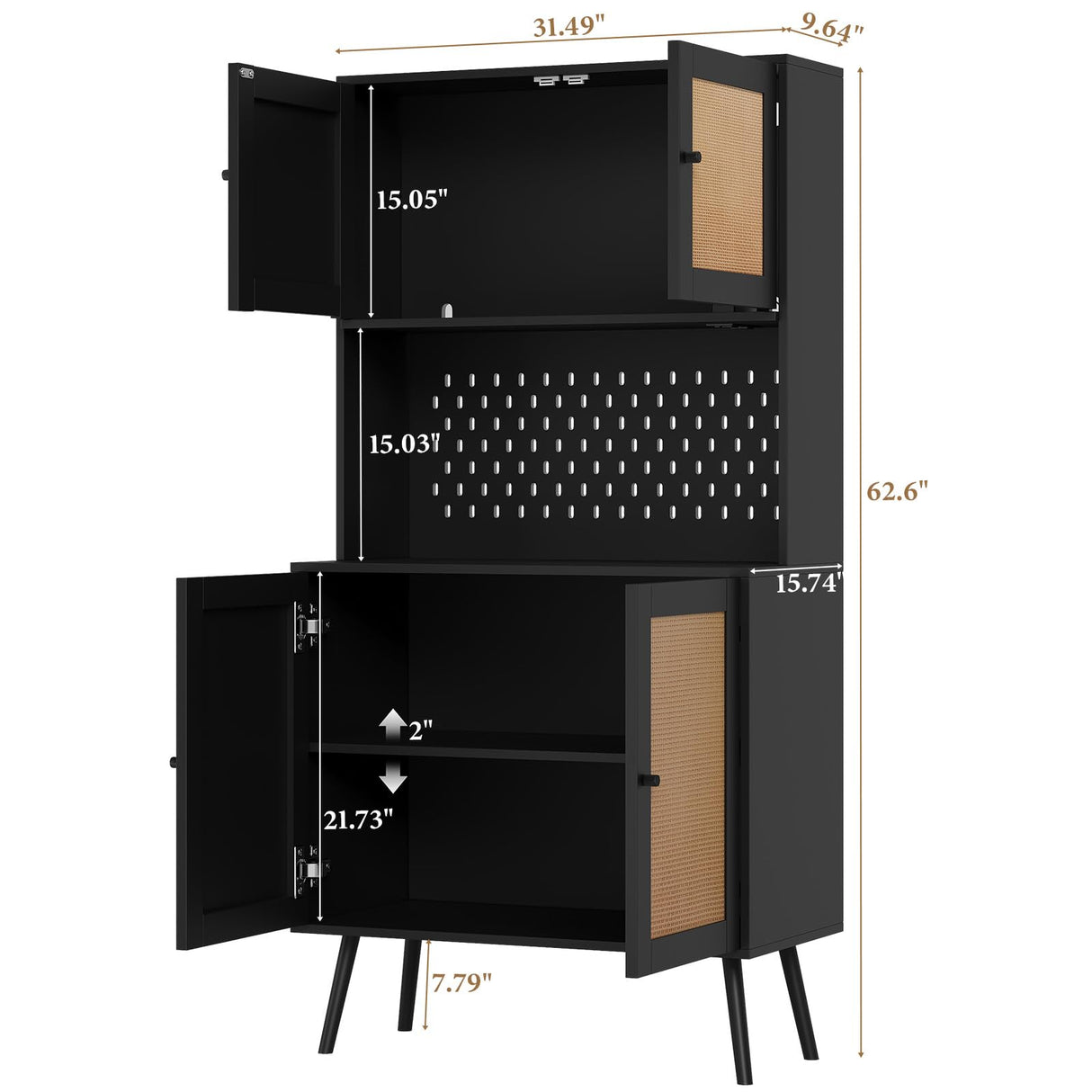 Svimi Rattan Kitchen Pantry Storage Cabinet with Power Outlets, LED Lights, Pegboard - 62.6" Tall Hutch Sideboard Buffet Cabinet, Organized Storage for Kitchen, Dining Room and Hallway Black Svimi