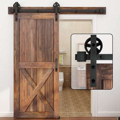 WINSOON 5-16FT Single Wood Sliding Barn Door Hardware Kit 5FT Basic Black Big Spoke Wheel Roller Garage Closet Carbon Steel Flat Track System (5FT) - WoodArtSupply