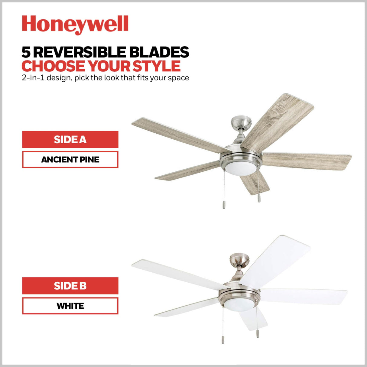 Honeywell Ceiling Fans Ventnor, 52 Inch Modern Farmhouse Indoor LED Ceiling Fan with Light, Pull Chain, Three Mounting Options, Dual Finish Blades, Reversible Motor - 50606-01 (Brushed Nickel) Honeywell