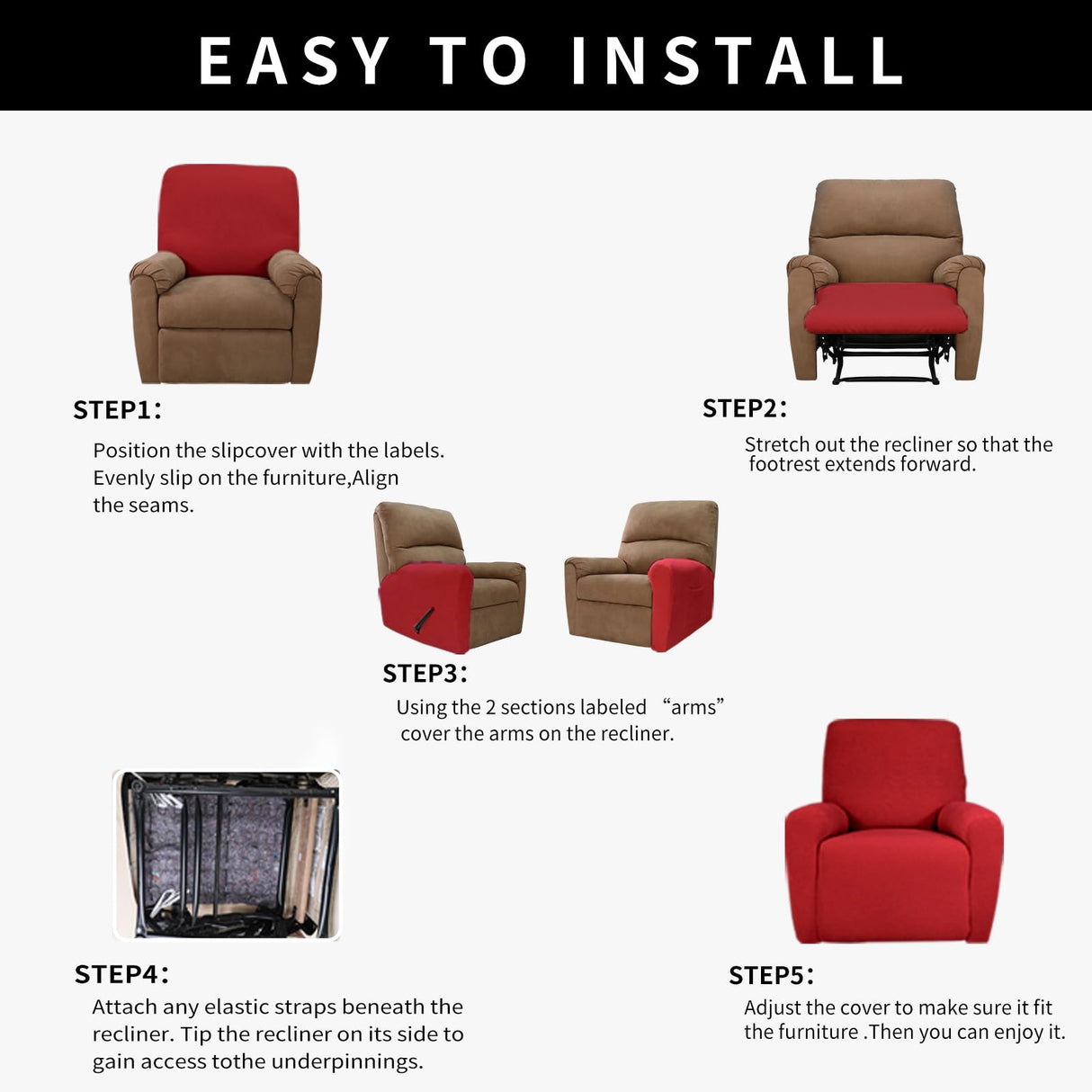 Easy-Going 4 Pieces 100% Dual Waterproof Recliner Cover Stretch Soft Couch Cover for Dogs, Sofa Slipcover for Recliner Couch Leakproof Furniture Protector for Kids Christmas Red Easy-Going