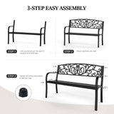 VINGLI Outdoor Bench for Patio Metal Garden Bench w/PVC Back Pattern, Black Park Benches Front Porch Benches for Yard Lawn Decor Deck Entryway (Floral) VINGLI