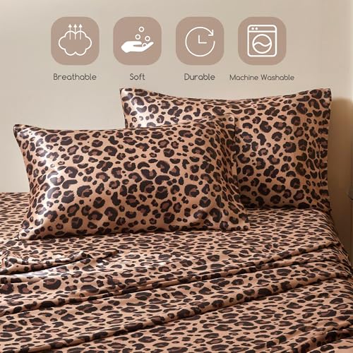 MR&HM Satin Bed Sheets, Twin XL Size Sheets Set, 3 Pcs Silky Bedding Set with 15 Inches Deep Pocket for Mattress (Twin XL, Brown Leopard) MR&HM