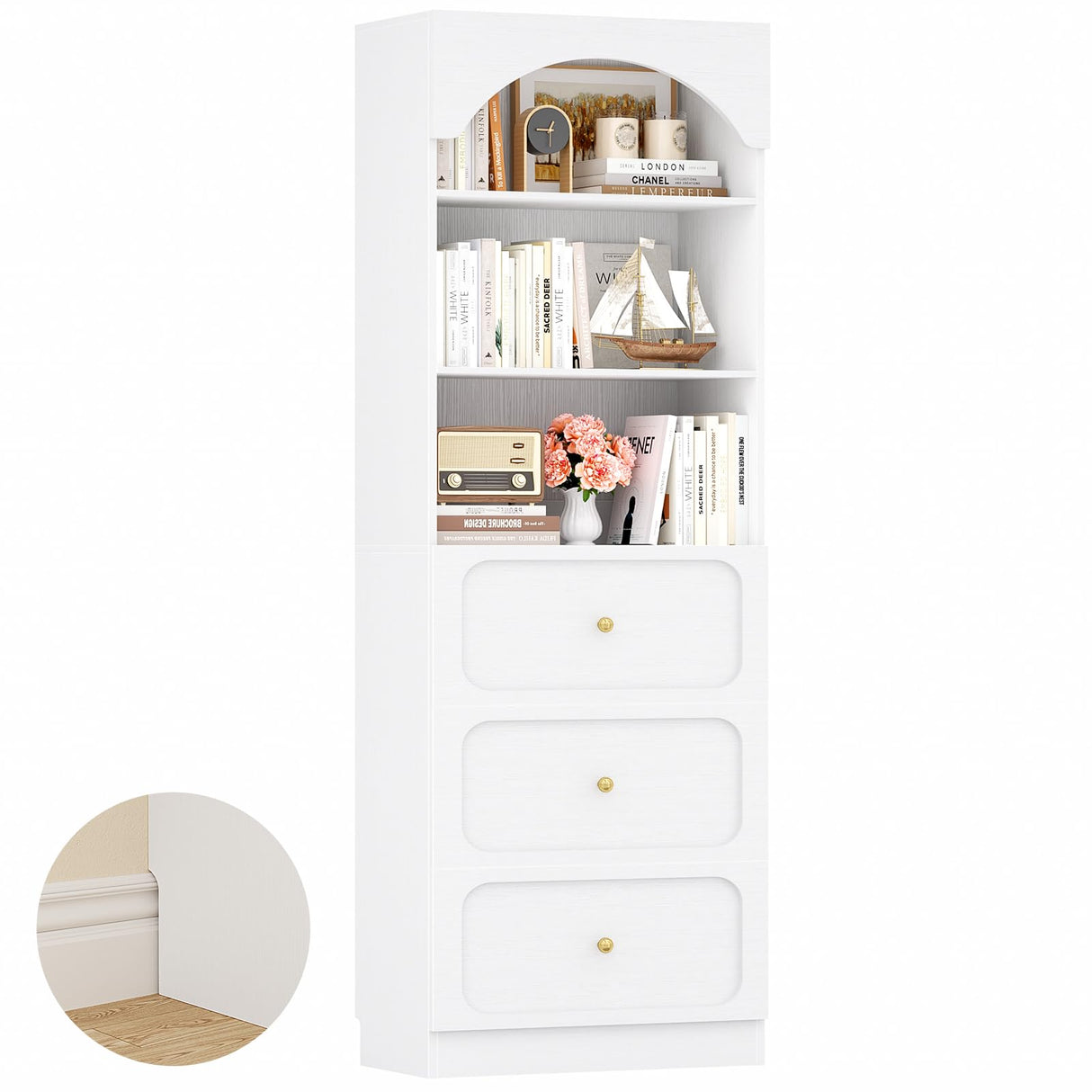 Cyclysio 80" Tall Bookshelf with 3 Drawers, Arched Bookcase with 3-Tier Open Shelves, Wooden Pantry Storage Organizer Cabinets with Seamless Fit Wall for Living Room, Kitchen, Bathroom (White) Cyclysio