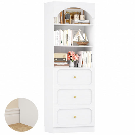 Cyclysio 80" Tall Bookshelf with 3 Drawers, Arched Bookcase with 3-Tier Open Shelves, Wooden Pantry Storage Organizer Cabinets with Seamless Fit Wall for Living Room, Kitchen, Bathroom (White) Cyclysio