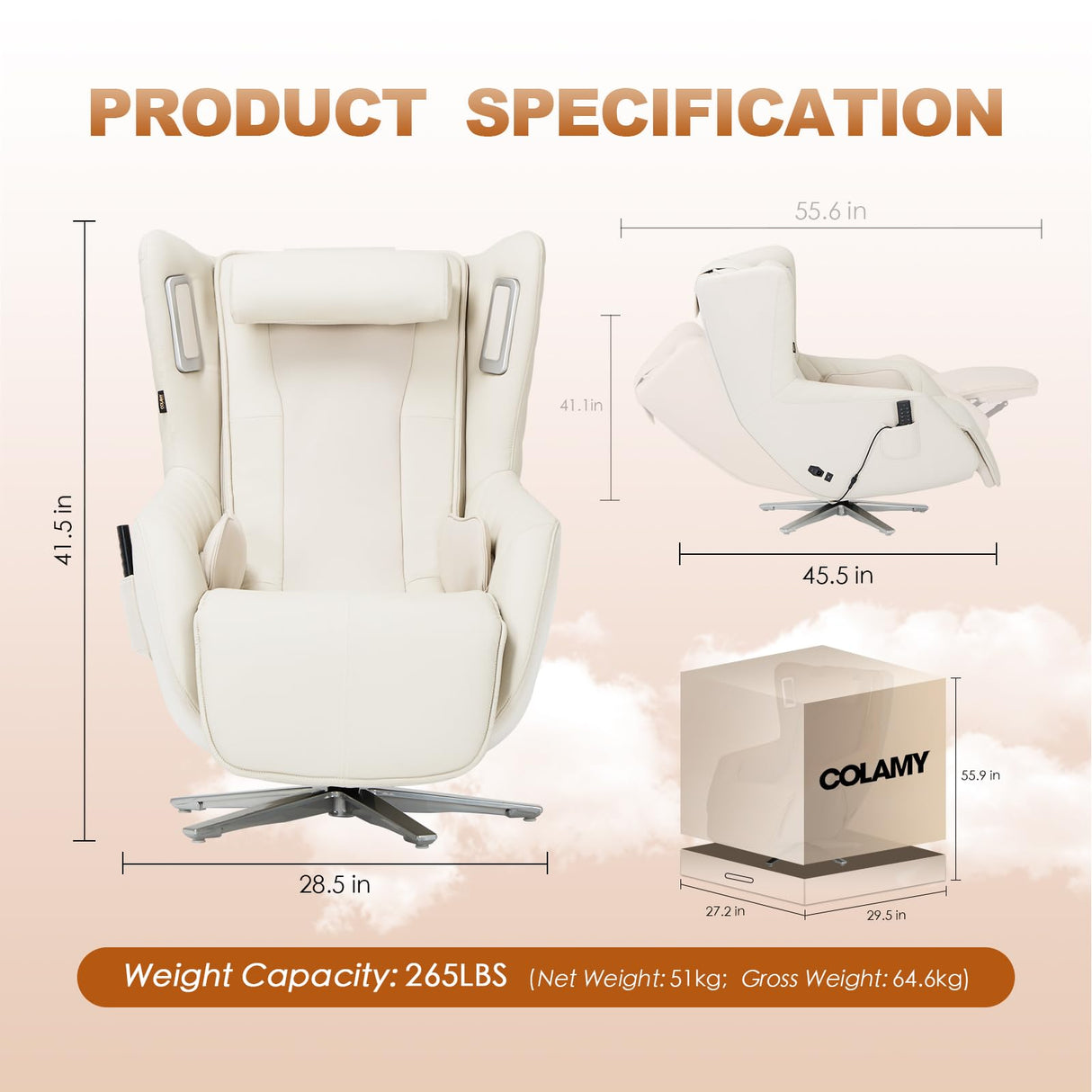 COLAMY Zero-Gravity Massage Chair | Massage and Leisure Dual-Use Chair,360° Swivel,Heat, Low-Noise 3D Bluetooth Speaker | Living Room, Bedroom（White COLAMY