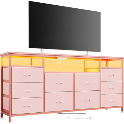 63.3 Inch Dresser for Bedroom, 10 Drawer Dresser TV Stand for 65 70 75 Inch TV, Fabric Chest of Drawers with LED Lights & Power Outlets, Long Entertainment Center for Closet, Living Room, Entryway