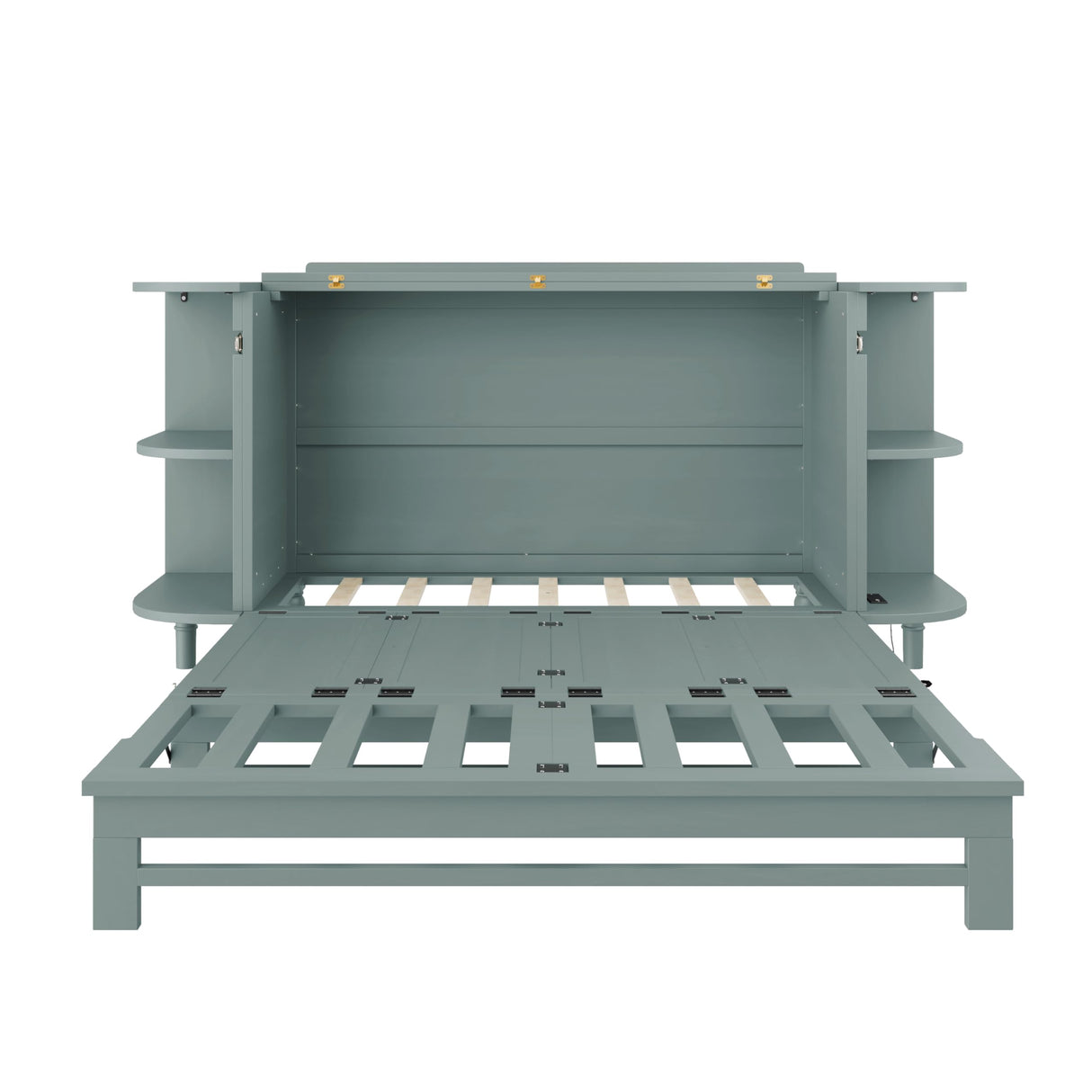 SIYSNKSI Farmhouse Style Queen Size Murphy Bed, Solid Pine Murphy Chest Cube Cabinet Bed with 2 Open Shelves for Home Office or Small Room (Venus Teal-Queen) SIYSNKSI