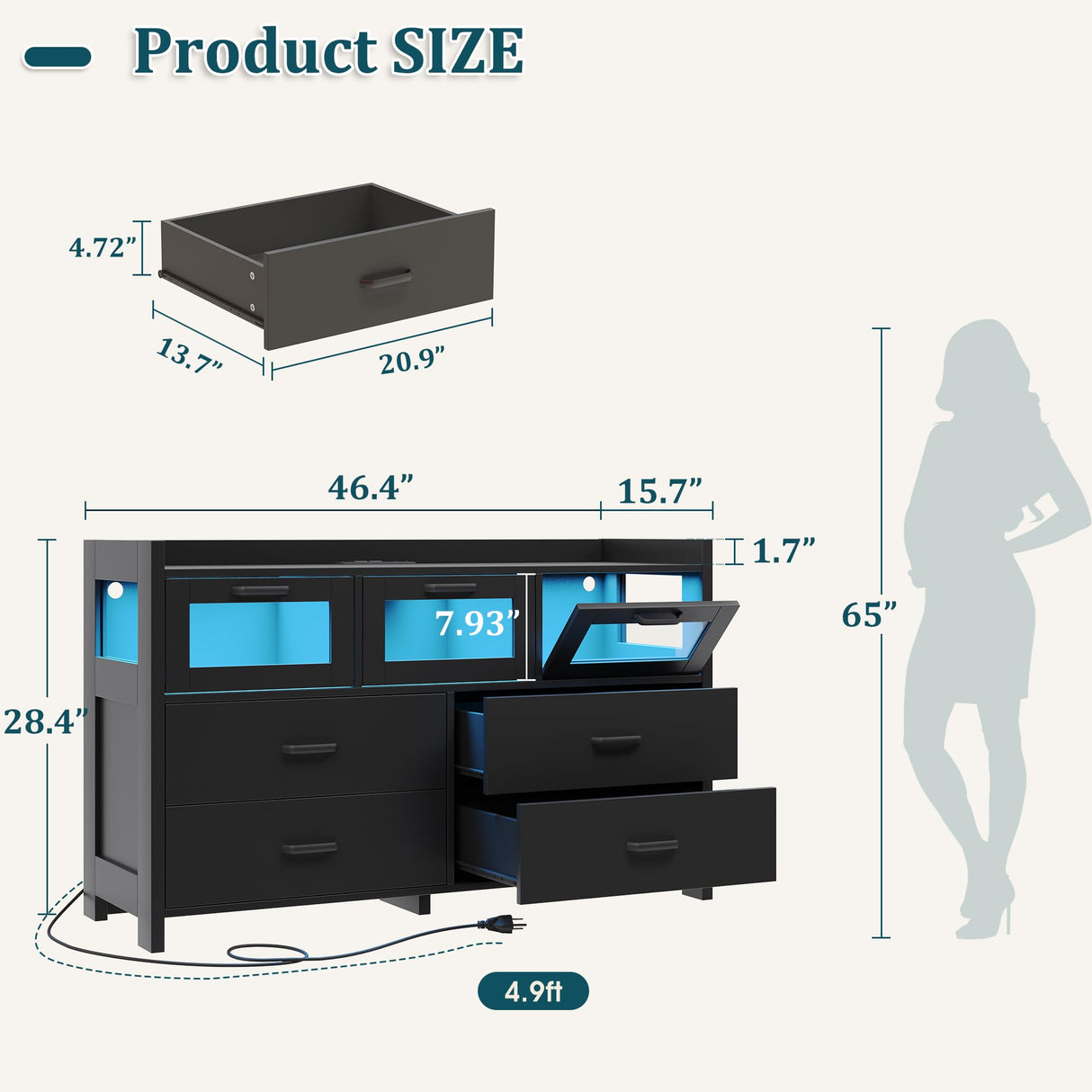 Alohappy 7 Drawers Dresser for Bedroom, Black Dresser with LED Lights and Charging Station, Wood Modern Dressers Chest of Drawers with 3 Visual Drawers, Storage Dressers Organizer for Bedroom, Hallway Alohappy