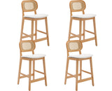 EALSON Counter Height Bar Stools Set of 4 Rattan Back Farmhouse Barstools Mid Century Modern Bar Chairs with Natural Wood Legs Comfortable Leather Upholstered Kitchen Island Chairs, White EALSON