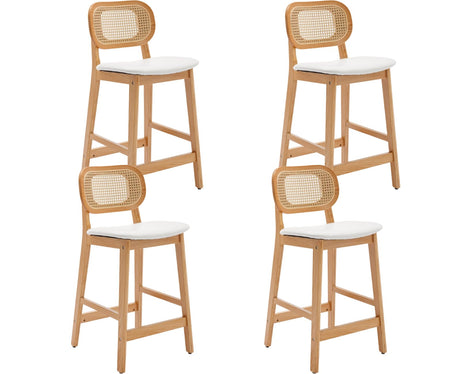 EALSON Counter Height Bar Stools Set of 4 Rattan Back Farmhouse Barstools Mid Century Modern Bar Chairs with Natural Wood Legs Comfortable Leather Upholstered Kitchen Island Chairs, White EALSON