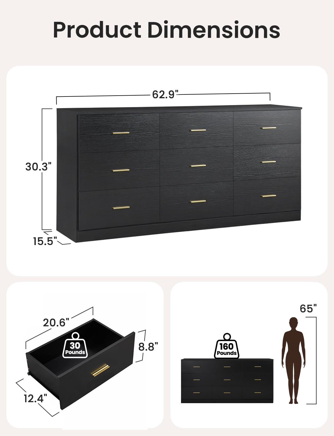 Miscoos 9 Drawer Dresser, 62.9" Large Deep Chest of Drawers,Wooden Dresser Storage Cabinet with 9 Drawers for Bedroom, Long Black Dressers for Living Room, Hallway,Nursery oumebiu