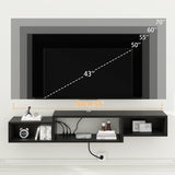 IBUYKE 59" Floating TV Stand Wall Mounted with Power Outlet,Wood Wall Mounted Media Console Shelf,Floating Entertainment Center for Under TV Storage for Living Room Bedroom Office,Black WST007B IBUYKE