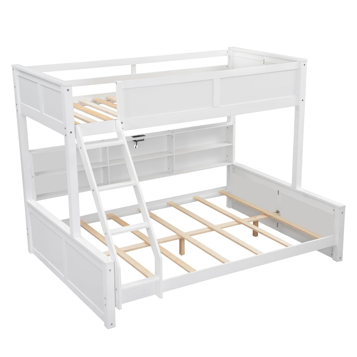 RuiSiSi Twin XL Over Queen Bunk Bed with Storage, Solid Wood Bunk Bed with Storage Cabinets and USB Ports for Kids Teens Adults, Safety Guardrail, No Box Spring Needed, Antique White RuiSiSi