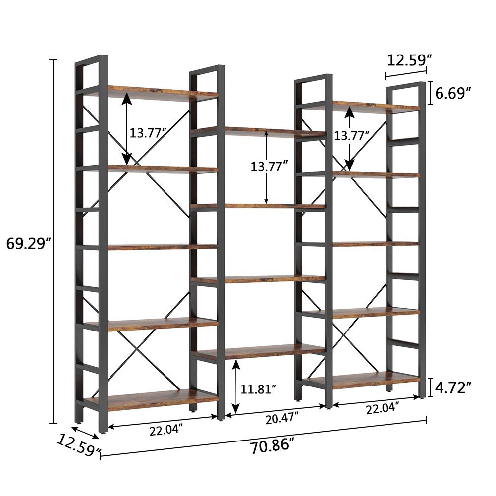 Tribesigns Vintage Brown Triple Wide 5-Shelf Etagere Bookcase - Industrial Style Wood and Metal Bookshelf for Home & Office - WoodArtSupply