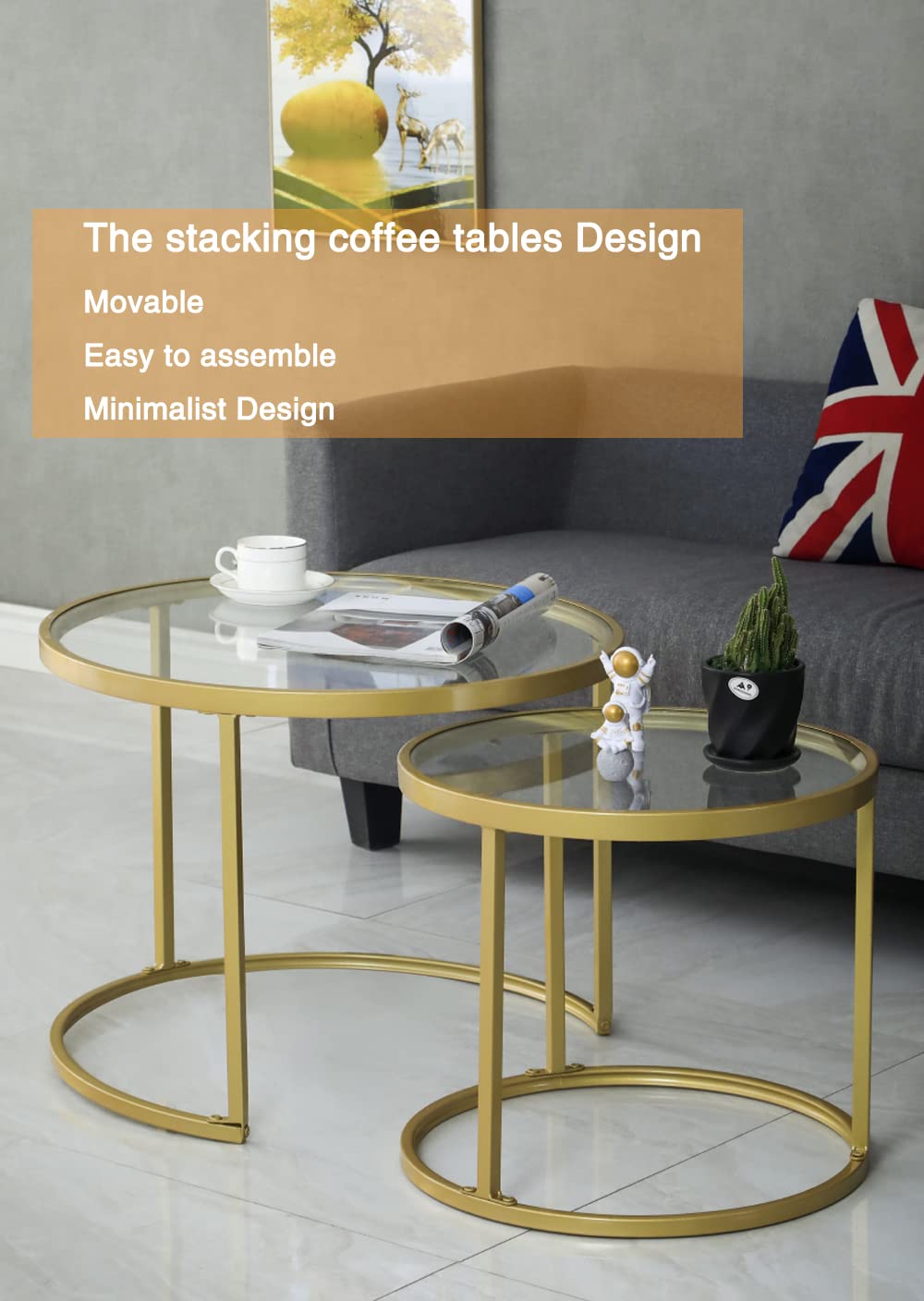 Round Nesting Coffee Table Gold Set of 2 for Living Room, Modern Side Tables with Sturdy Metal Frame and Tempered Glass.Minimalist End Table,Cocktail Table for Dining Room,Home Decor MAIKAILUN