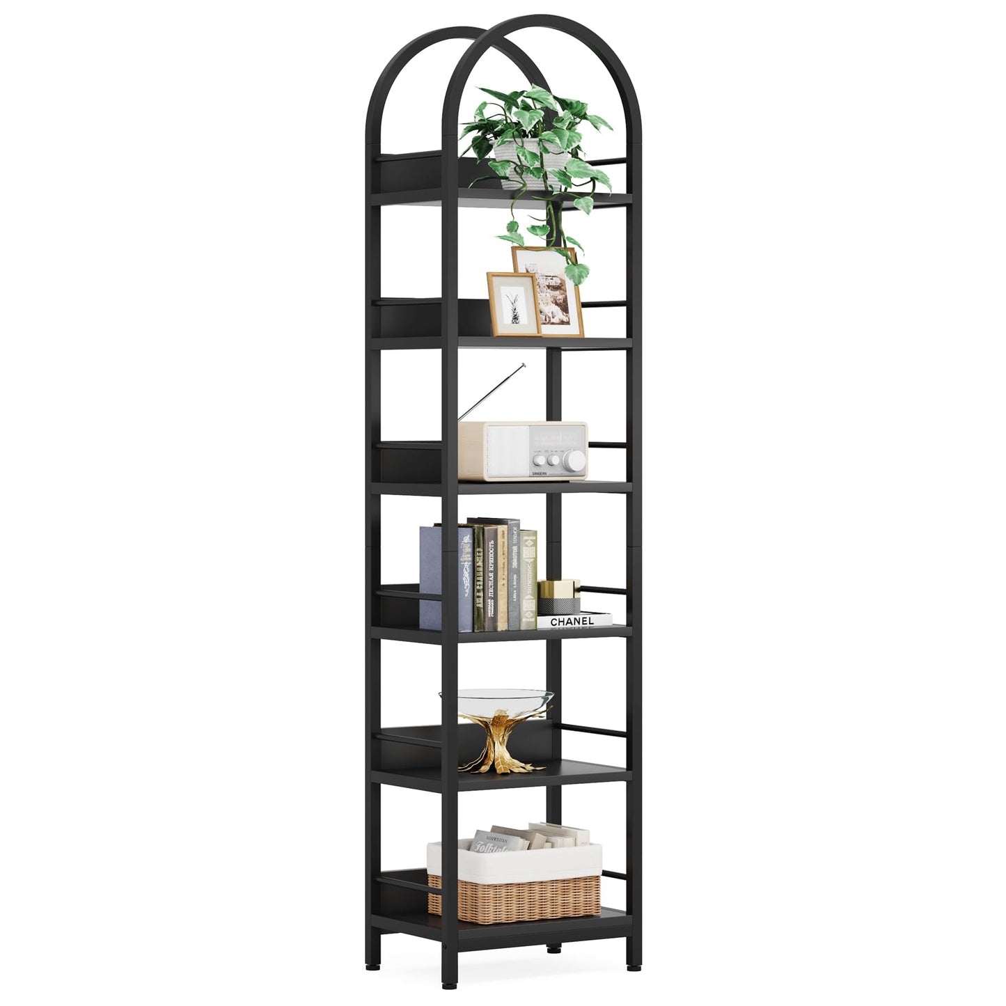 LITTLE TREE 6-Tier Open Bookshelf, 78.7" Tall Arched Bookcase, Black Wooden Bookshelf with Metal Frame, Freestanding Narrow Bookcase Display Shelves for Living Room, Bedroom, Office