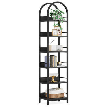 LITTLE TREE 6-Tier Open Bookshelf, 78.7" Tall Arched Bookcase, Black Wooden Bookshelf with Metal Frame, Freestanding Narrow Bookcase Display Shelves for Living Room, Bedroom, Office