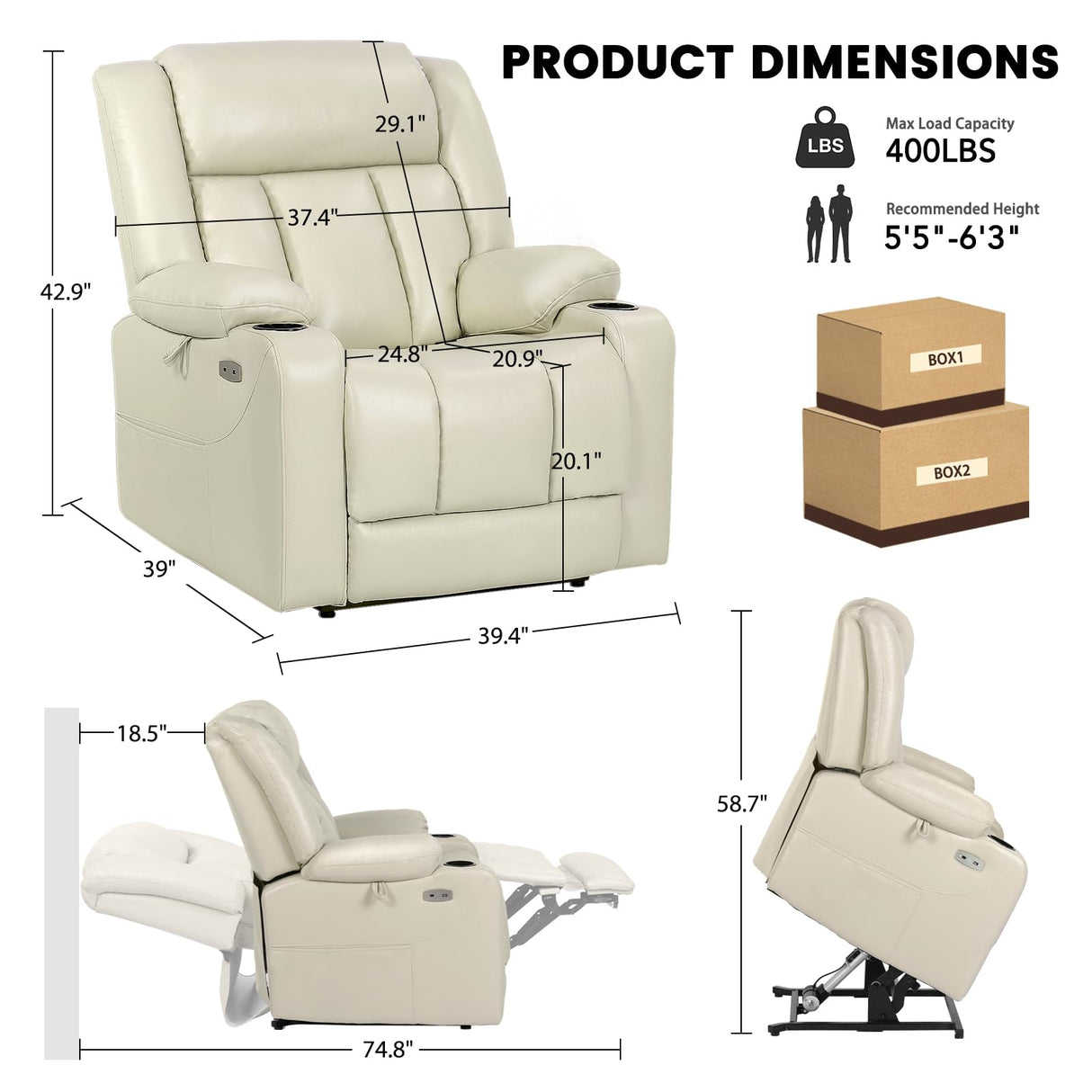 EONIX Dual Motor Oversized Power Lift Recliner Chair for Elderly, 400lbs Heavy Duty Faux Leather Recliner with Massage and Heat, Lay Flat Big and Tall Lift Chair with Cup Holders, Cream White EONIX