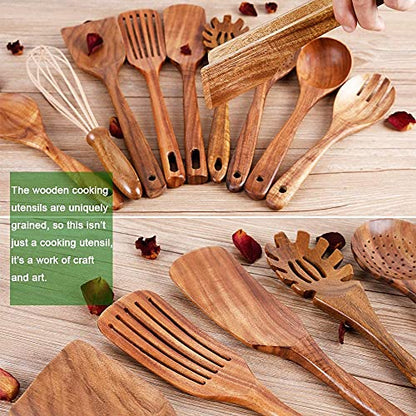 Natural Teak Wood Kitchen Utensils with Spatula and Ladle (10) - WoodArtSupply