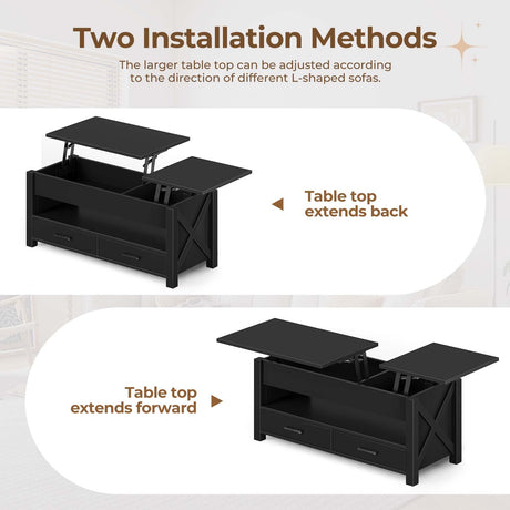 Seventable Coffee Table, 47.2" Lift Top Coffee Table with 2 Storage Drawers and Hidden Compartment, X Wood Farmhouse Support, Retro Center Table with Lift Tabletop for Living Room,Black Seventable