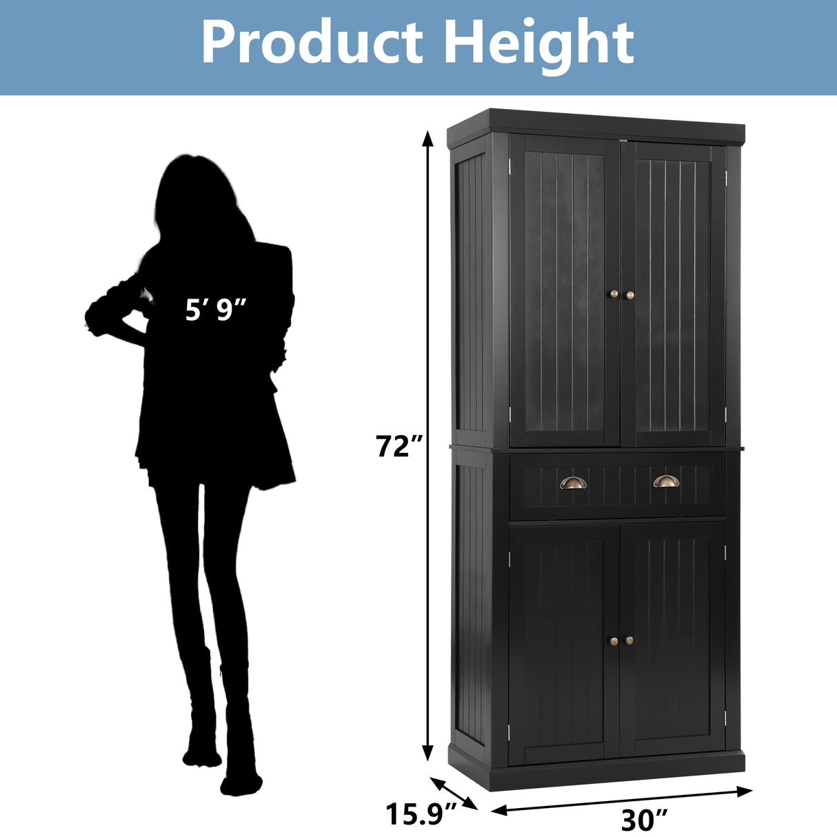 YOCONYO 72" Kitchen Pantry Cabinet, Freestanding Storage Cabinet with 4 Doors, Adjustable Shelves for Kitchen, Living Room and Dinning Room，Black YOCONYO