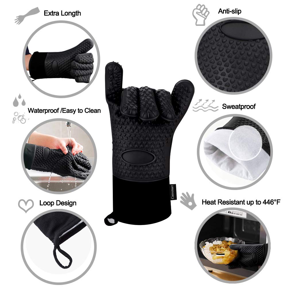 Comsmart BBQ Gloves, Heat Resistant Silicone Grilling Gloves, Long Waterproof BBQ Kitchen Oven Mitts with Inner Cotton Layer for Barbecue, Cooking, Baking, Smoker(Black) Comsmart