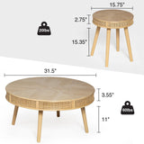 Wnutrees Farmhouse Round Coffee Table, Rustic Sofa Side Tea Tables Nesting Center Table Set with Handmade Rattan for Living Room, French Country Decor, Natural, 2Pack Wnutrees