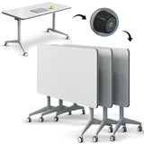 Conference Table Flip Top Mobile Training Table,White Folding Conference Room Table,Modular Meeting Table with Silent Wheels,Rounded Corner Design with Strong Metal Legs for Office,Classroom (3PCS) Goakwwuz
