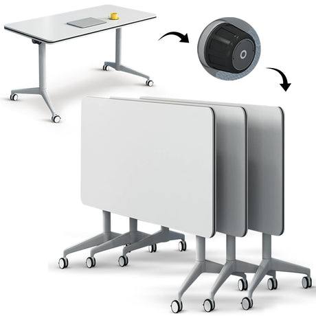 Conference Table Flip Top Mobile Training Table,White Folding Conference Room Table,Modular Meeting Table with Silent Wheels,Rounded Corner Design with Strong Metal Legs for Office,Classroom (3PCS) Goakwwuz