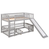 Low Bunk Bed with Slide Twin Over Twin Bunk Beds for Kids Toddlers, Wood Floor Beds Frame with Rails for Boys Girls Teens, Gray Bellemave