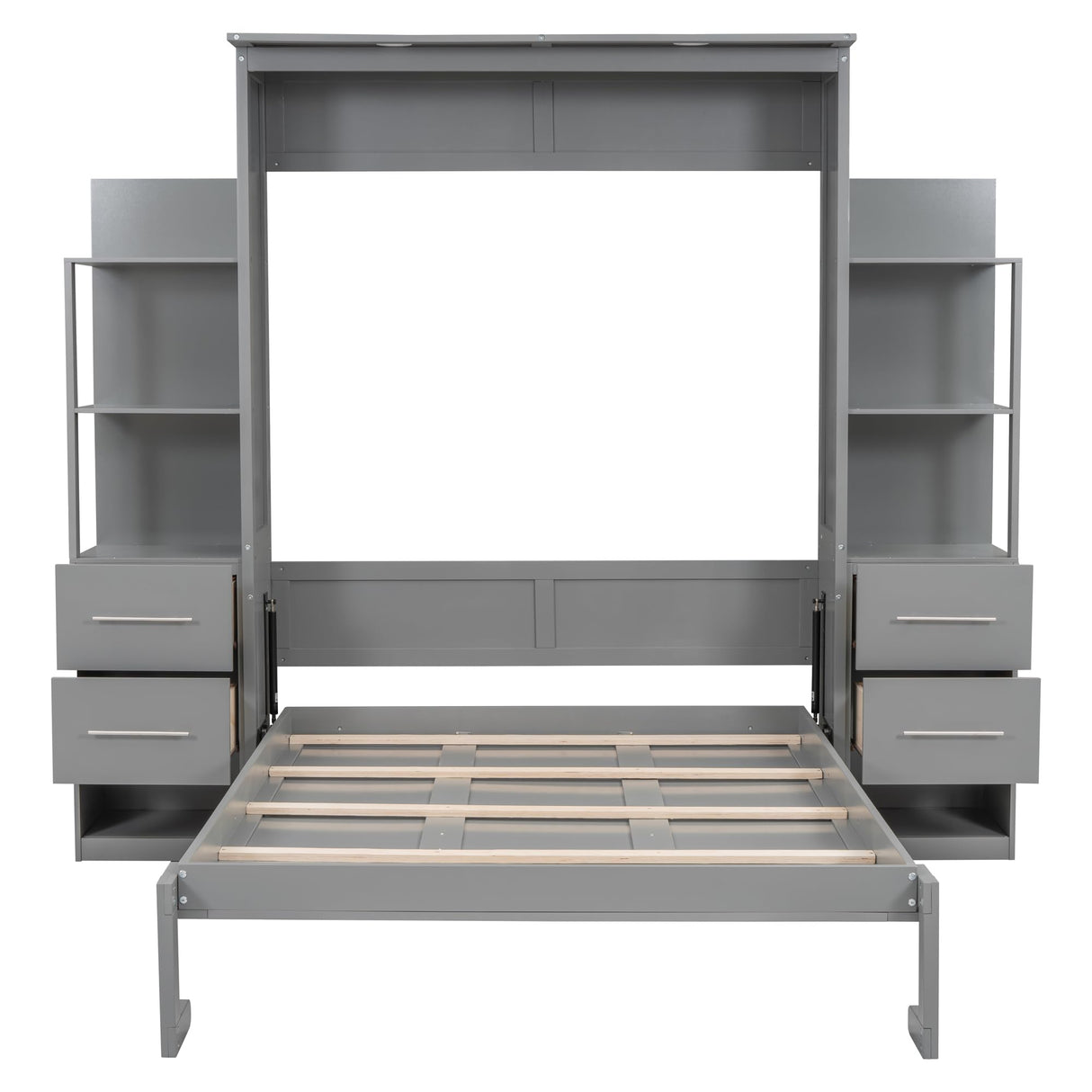 Favfurish Full Size Murphy Bed with Storage Shelves and LED Lights, Wood Foldable PlatformBed Vertical Wall Bedframe for Bedroom Guest Room, Gray Favfurish