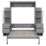 MERITLINE Queen Murphy Bed with LED Lights and Storage 4 Drawers,Shelves,Wood White Murphy Wall Bed Cabinet Queen MERITLINE