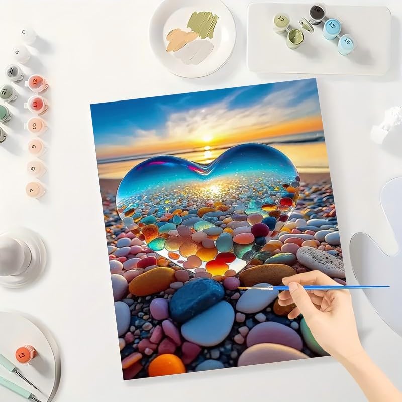Romantic Paint by Numbers Kit for Adults - DIY Heart Glass and Pebble Beach Sunset Painting on Canvas 16x20 Inches,Acrylic Paint Set,Suitable for Beginners,Love Art for Home Decoration/Gifts TAOPAOLAB