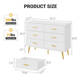GarveeHome 6 Drawer Dresser, Modern Wooden Dresser with Gold Handles and Storage Space, Chest of Drawers for Bedroom, Hallway, Living Room and Entryway, White GarveeHome