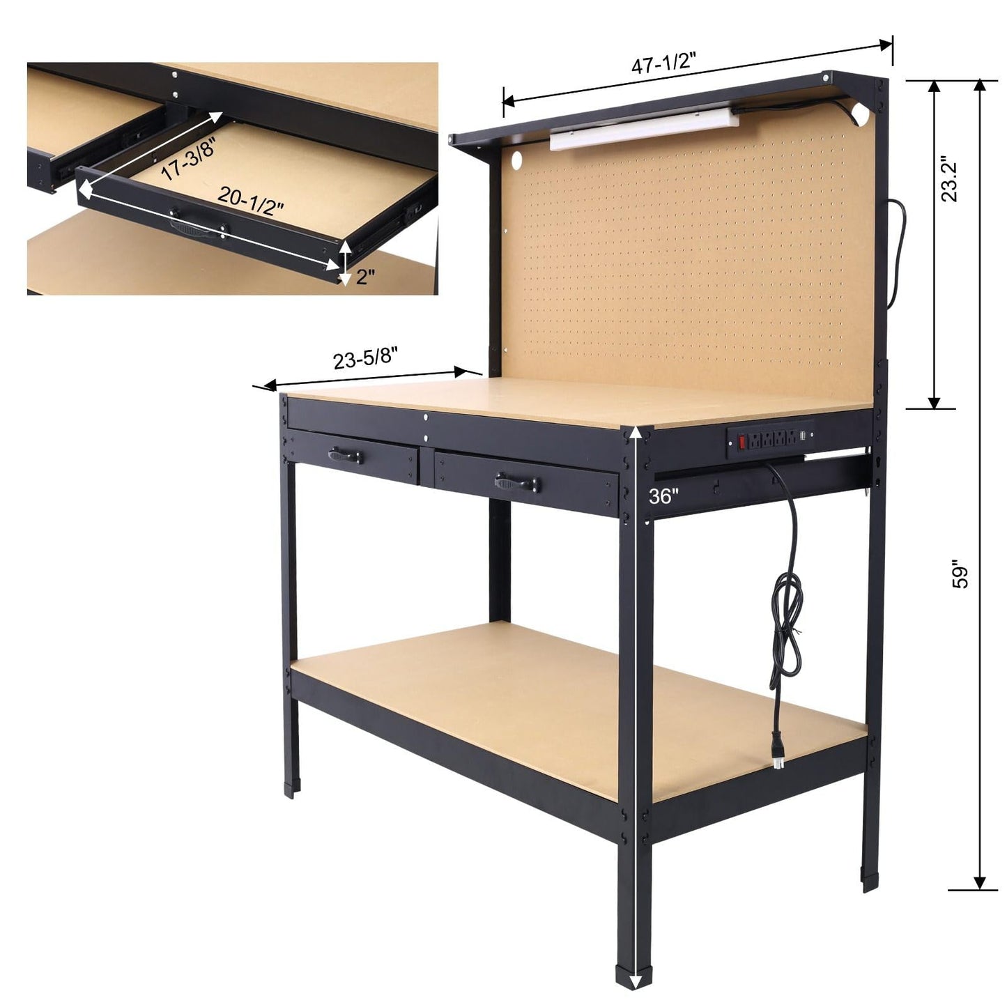 FRITHJILL Heavy-Duty Workbench with Pegboard, Two Drawers, and LED Light, Multipurpose Garage Workstation - WoodArtSupply