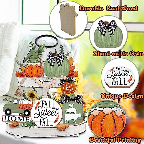 Uruney Fall Tiered Tray Decor, Green Farmhouse Pumpkin Tray Decorations, Gnome Truck Buffalo Plaid Wooden Signs Bead Garland, Rustic Thanksgiving Harvest Autumn Decorations for Home Table Shelf Uruney
