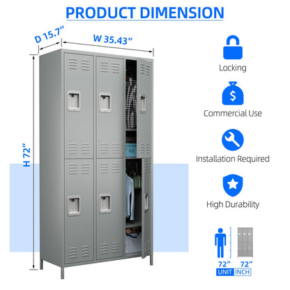 SUXXAN 6 Doors Metal Locker Combination with 12 Hooks,Industries Double Tier Metal Storage Locker for School Office Gym Home Employees Staff Sundries Room W35.43*D15.7*H72(LIGHT GREY) - WoodArtSupply