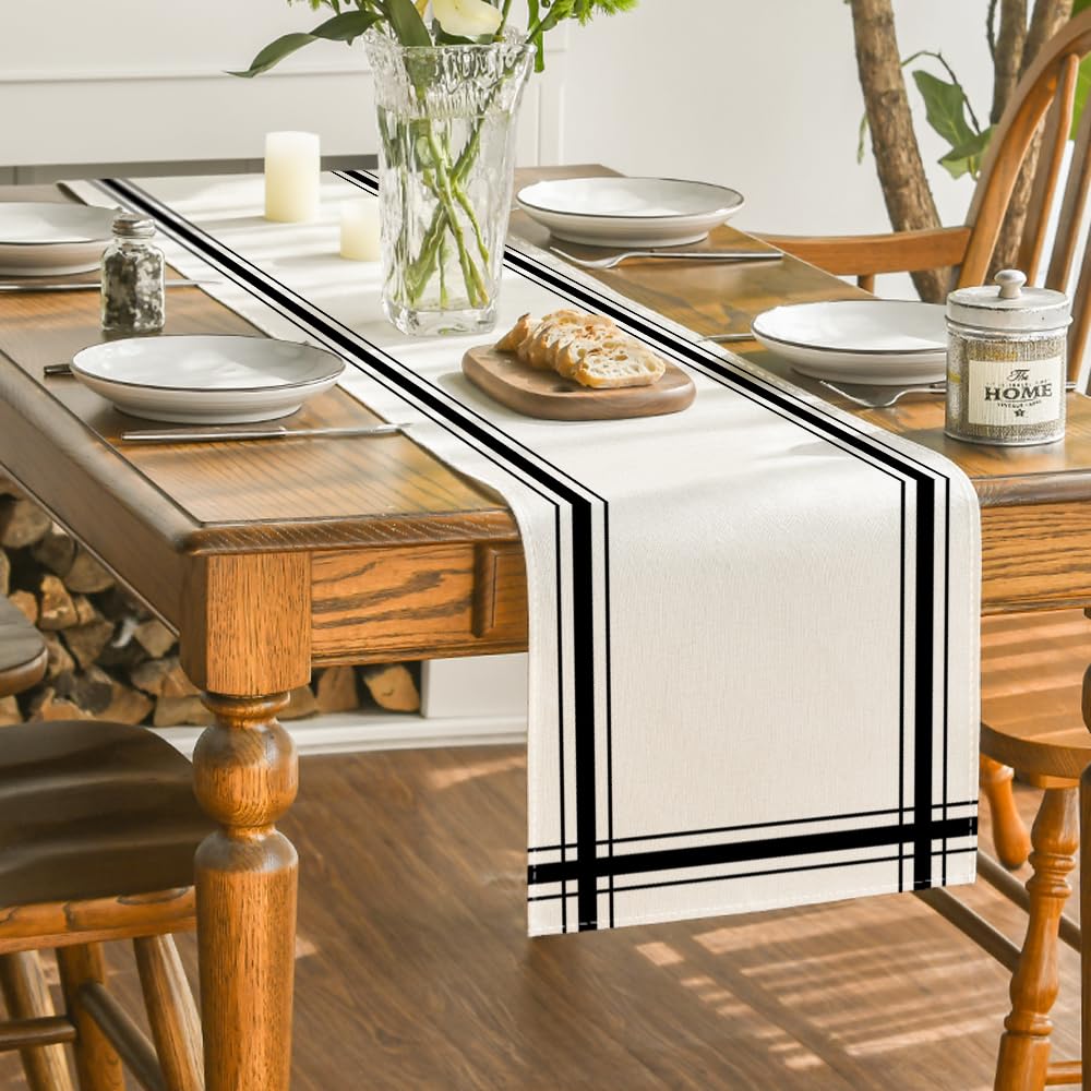 Artoid Mode Black Simple French Stripe Table Runner, Seasonal Spring Summer Kitchen Dining Table Decoration for Home Party Decor 13x72 Inch Artoid Mode