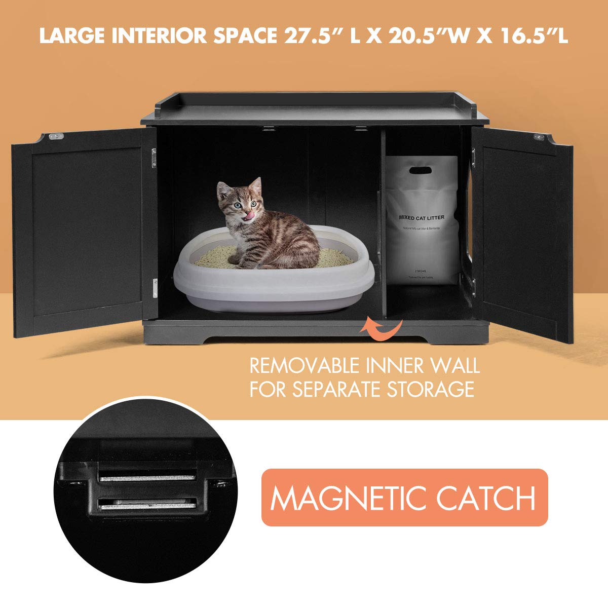 Tangkula Litter Box Enclosure, Cat Litter Box Furniture Hidden, Nightstand Pet House with Double Doors, Indoor Decorative Cat Box Cabinet, Cat Washroom Storage Bench for Large Cat Kitty - WoodArtSupply