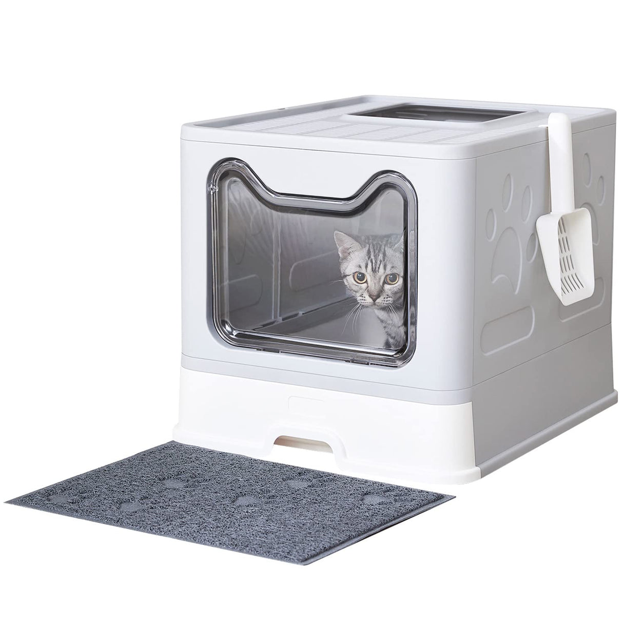 Medario Cat Litter Box with Litter Mat and Scoop, Large Foldable Litter Box with Lid, Front Entry Top Exit Kitty Box, Odor Control, Easy to Clean (Grey) Medario