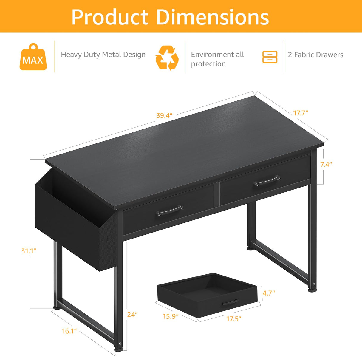 DLisiting Computer Desk with Fabric Drawers for Home Office Bedroom, 40 Inch Small Gaming Desk with 2 Drawers, Study Writing Table PC Desks, Black DLisiting