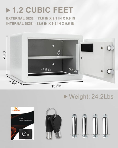 TIGERKING Biometric Fingerprint Home Safe, 1.2 Cubic Feet Digital Security Safe Lock Box, Quick-Access Small Safes for Cash, Jewelry, Handgun, Document, White TIGERKING