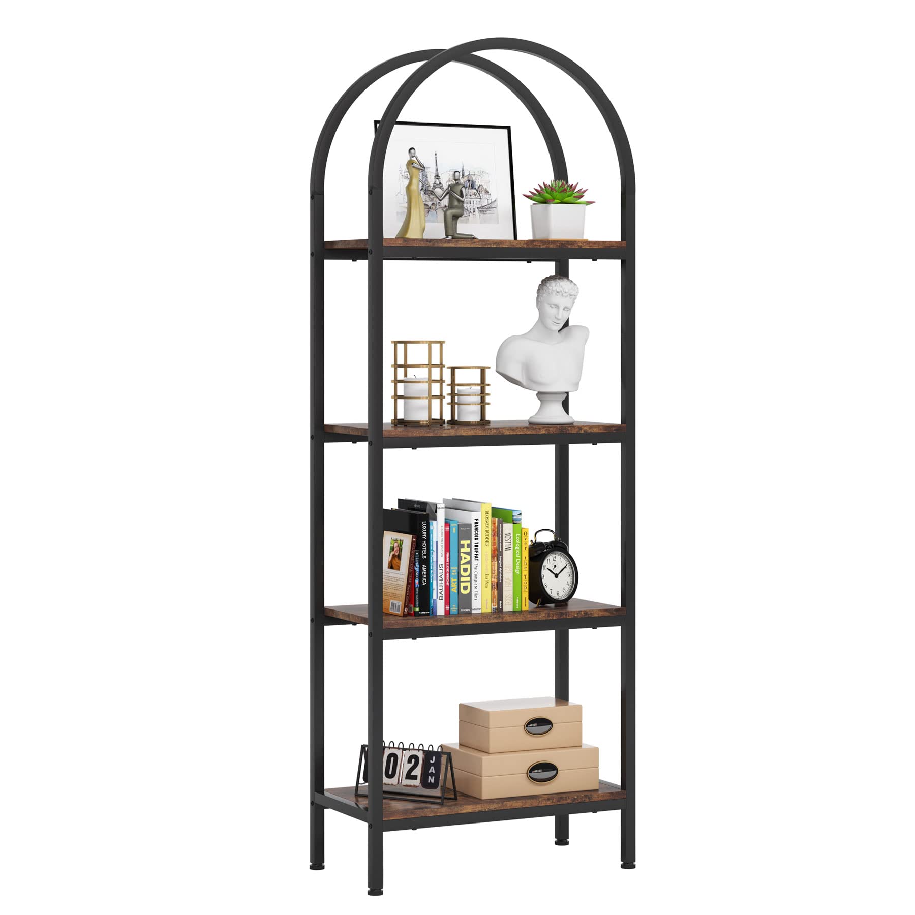 Tribesigns 4-Tier Industrial Arched Bookshelf in Rustic Brown - Freestanding Metal Frame Storage Rack - WoodArtSupply